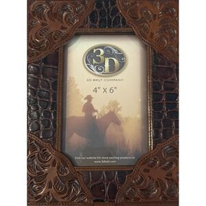3D Belt Co Leather Western Tooled Croc Inlay 4x6 Photo Frame Brown